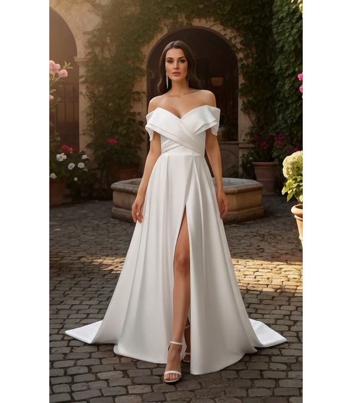 Modern Off-the-Shoulder Satin A-Line Gown with Slit - BLL-A54638