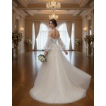 Detachable Off-the-Shoulder Bishop Long Sleeves Tulle A-Line Wedding Dress - BLL-A64669