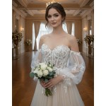 Detachable Off-the-Shoulder Bishop Long Sleeves Tulle A-Line Wedding Dress - BLL-A64669