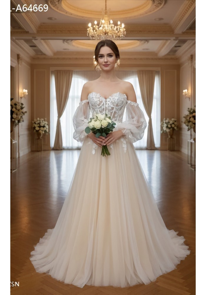 Detachable Off-the-Shoulder Bishop Long Sleeves Tulle A-Line Wedding Dress - BLL-A64669