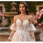 Glitter Tulle A-Line Gown with Corset Bodice and Detachable Sleeves - BLL-A64724