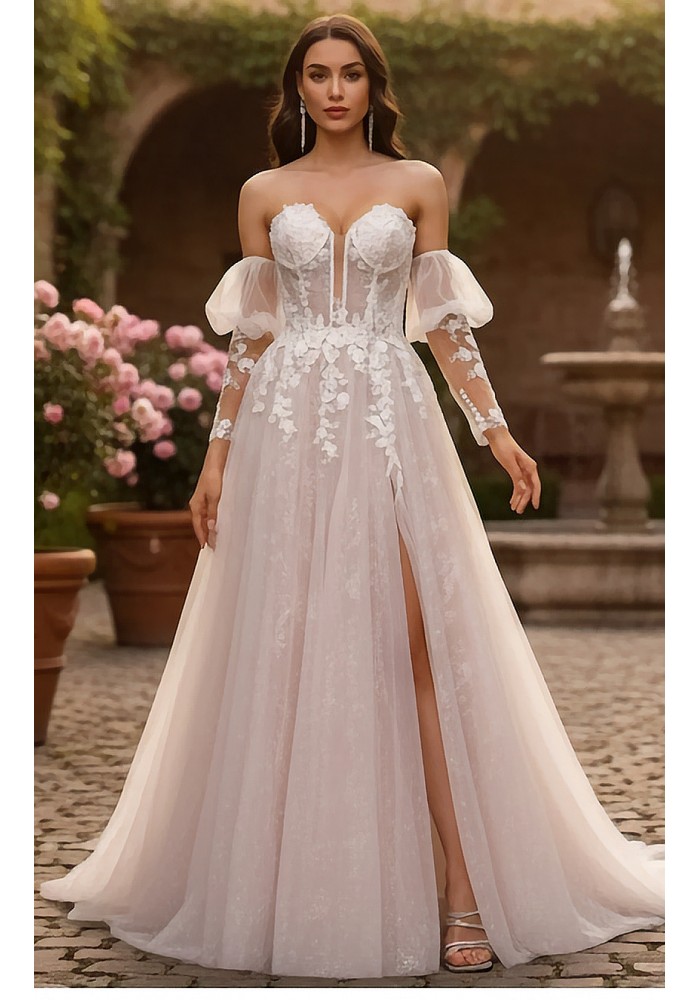 Glitter Tulle A-Line Gown with Corset Bodice and Detachable Sleeves - BLL-A64724