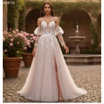 Glitter Tulle A-Line Gown with Corset Bodice and Detachable Sleeves - BLL-A64724