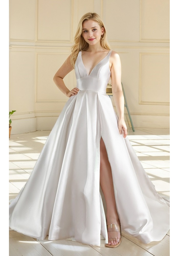 Wedding Dress - Satin Empire Waist Line Ball Gown with Slit Skirt - BLL-B3002