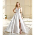 Wedding Dress - Satin Empire Waist Line Ball Gown with Slit Skirt - BLL-B3002