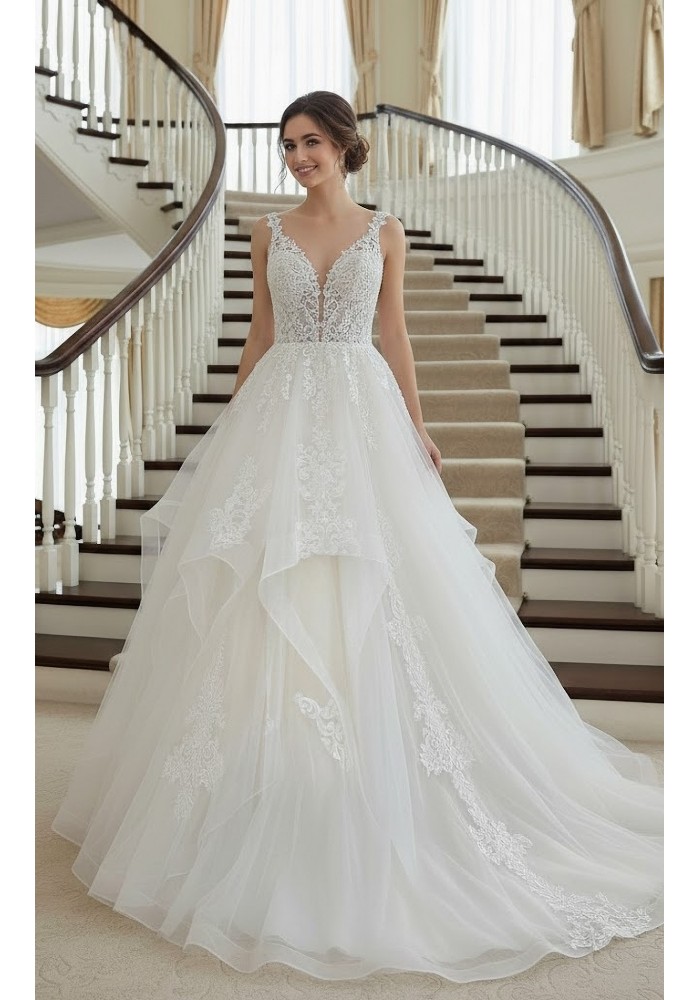 Romantic Plunge V-Neck Ball Gown with Tiered Tulle Skirt and Lace Appliqué - BLL-B34743