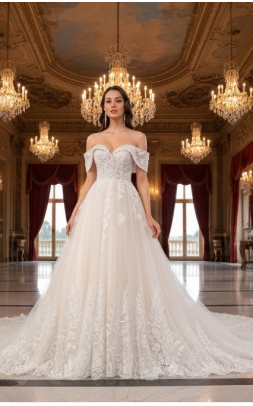 Off-Shoulder Lace & Tulle Ballgown Wedding Dress -  BLL-B54663