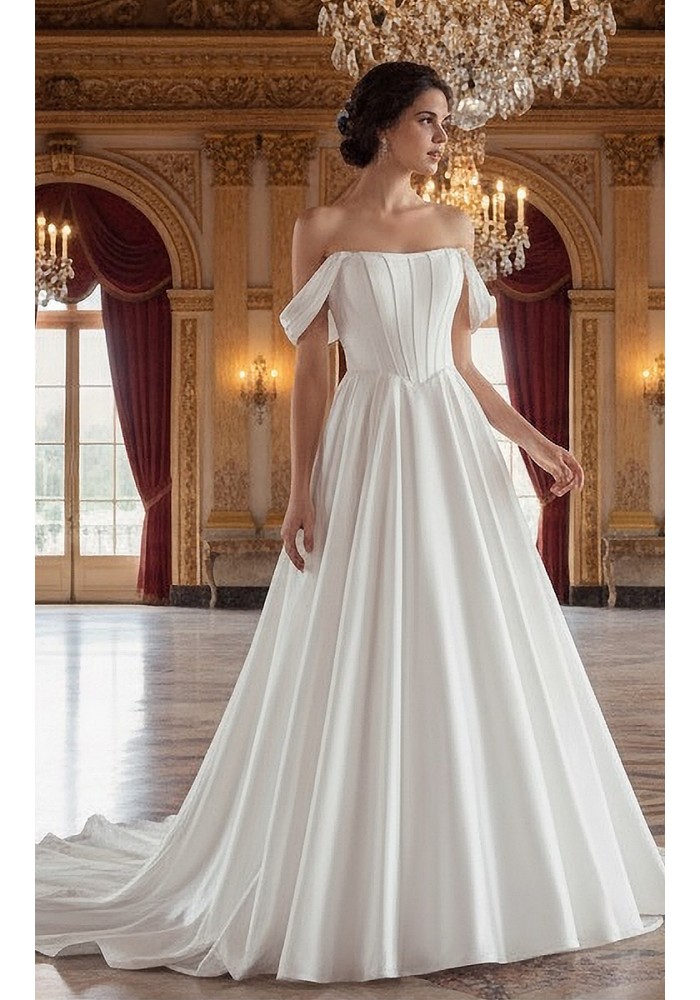 Elegant Off-the-Shoulder Satin Ball Gown with Structured Bodice - BLL-B54803