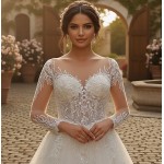 Elegant Long-Sleeve Lace and Tulle Ball Gown with Illusion Neckline - BLL-B64709