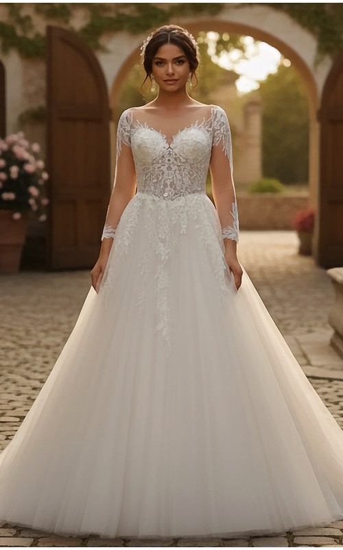 Elegant Long-Sleeve Lace and Tulle Ball Gown with Illusion Neckline - BLL-B64709