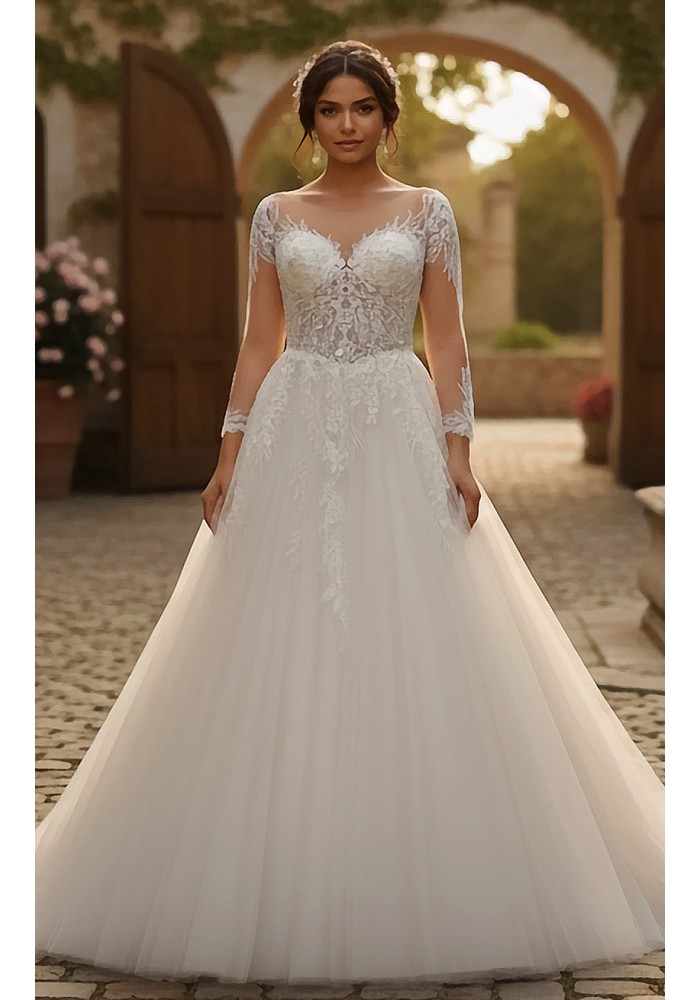 Elegant Long-Sleeve Lace and Tulle Ball Gown with Illusion Neckline - BLL-B64709