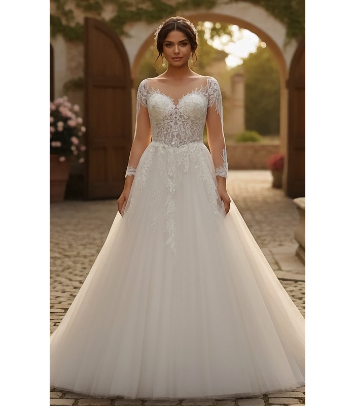 Elegant Long-Sleeve Lace and Tulle Ball Gown with Illusion Neckline - BLL-B64709