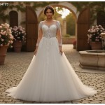 Elegant Long-Sleeve Lace and Tulle Ball Gown with Illusion Neckline - BLL-B64709