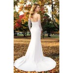 Wedding Dress - Crepe Fitted and Flair Dual Neckline Pleated Slit Skirt with Detachable Beaded Sleeves - BLL-F1005