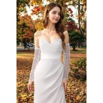 Wedding Dress - Crepe Fitted and Flair Dual Neckline Pleated Slit Skirt with Detachable Beaded Sleeves - BLL-F1005