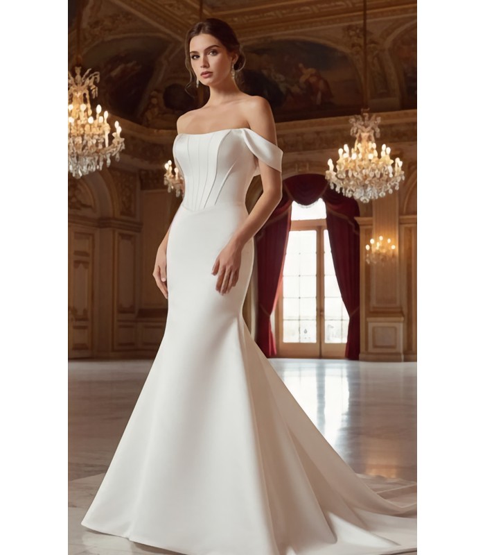 Structured Satin Off-the-Shoulder Mermaid Gown with Corset Bodice - BLL-F54802