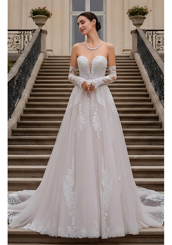 Wedding Dress - Floral Lace Appliques Tulle A-line with Detachable Fitted Sleeves - BLM-A1006