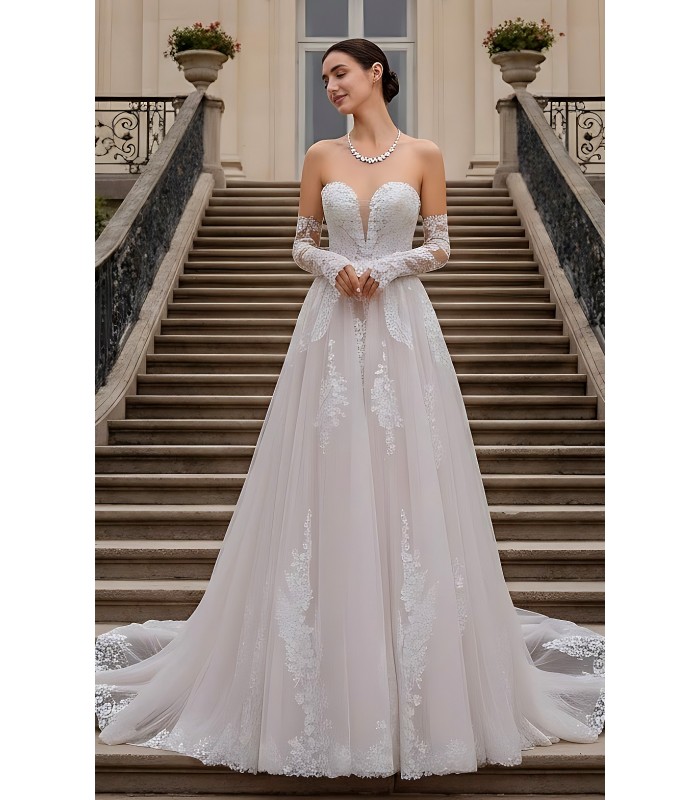 Wedding Dress - Floral Lace Appliques Tulle A-line with Detachable Fitted Sleeves - BLM-A1006