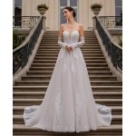 Wedding Dress - Floral Lace Appliques Tulle A-line with Detachable Fitted Sleeves - BLM-A1006