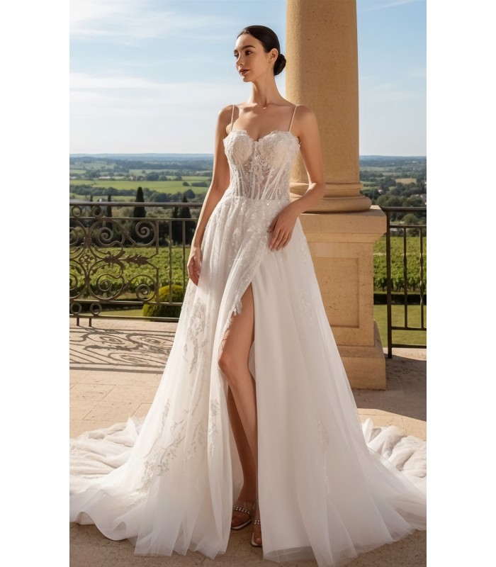 Wedding Dress -Spagheti Straps Floral Lace Appliques Tulle A-line with Slit Skirt - BLM-A2009