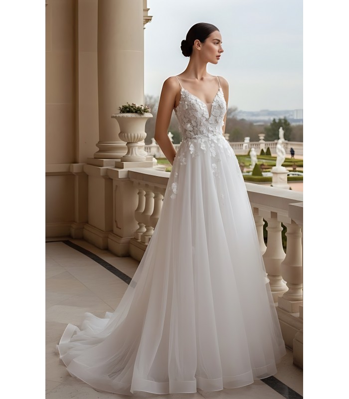 Wedding Dress -Spaghetti Straps 3-D Floral Lace Appliques Tulle A-line - BLM-A2010