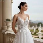 Wedding Dress -Spaghetti Straps 3-D Floral Lace Appliques Tulle A-line - BLM-A2010