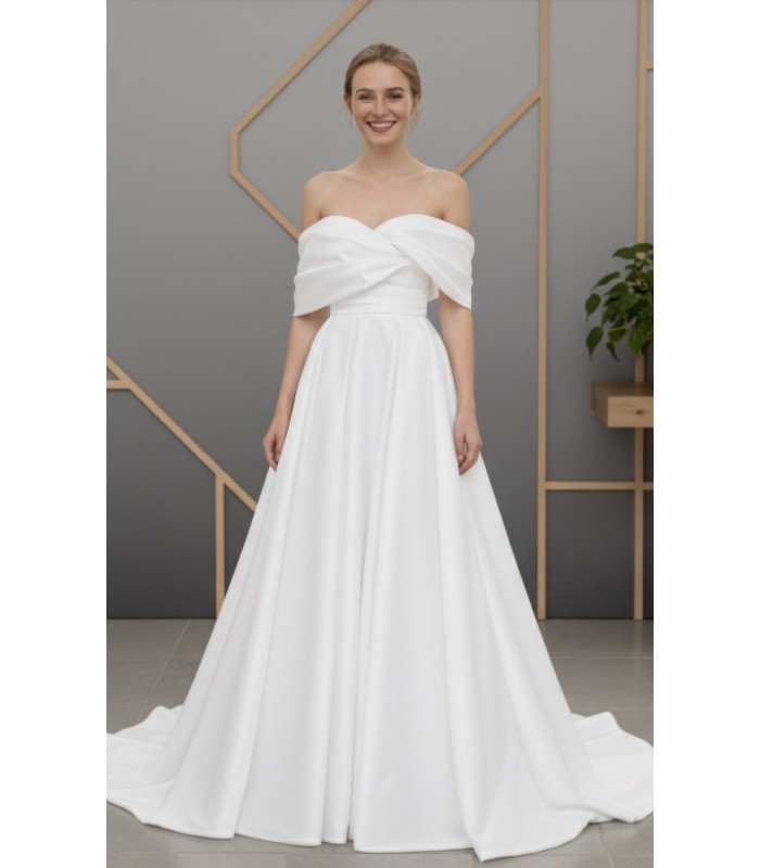 Ethereal Organza A-line with Ruching Off-Shoulder Bishop Sleeves and Corset Back- BLM-AA0453M