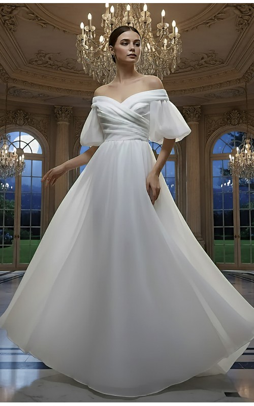 Elegant Ruching Off-the-Shoulder Satin A-Line Bridal Dress - BLM-AA0647