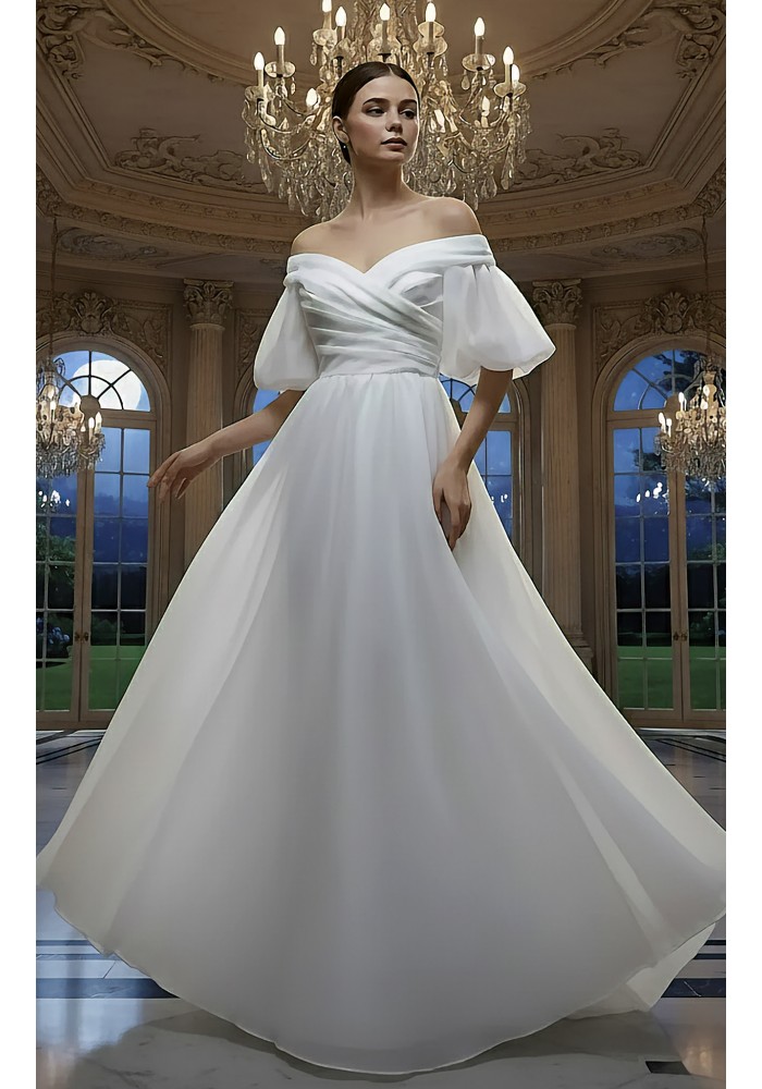 Elegant Ruching Off-the-Shoulder Satin A-Line Bridal Dress - BLM-AA0647