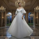 Elegant Ruching Off-the-Shoulder Satin A-Line Bridal Dress - BLM-AA0647