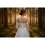 A-Line Wedding Dress - Off-the-Shoulder Lace Gown with Illusion Long Sleeves- BLM-AE4148