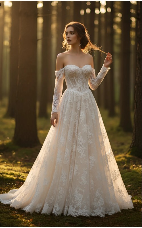 A-Line Wedding Dress - Off-the-Shoulder Lace Gown with Illusion Long Sleeves- BLM-AE4148
