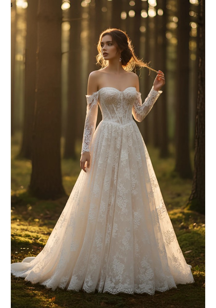A-Line Wedding Dress - Off-the-Shoulder Lace Gown with Illusion Long Sleeves- BLM-AE4148