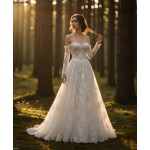 A-Line Wedding Dress - Off-the-Shoulder Lace Gown with Illusion Long Sleeves- BLM-AE4148
