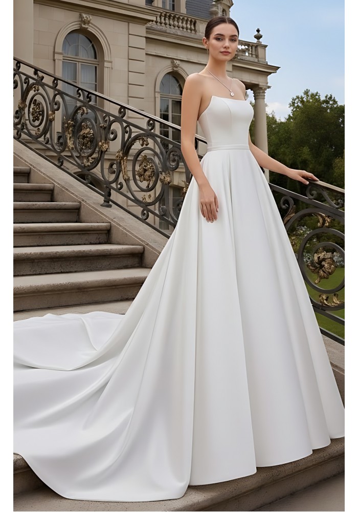 Wedding Dress- Satin Strapless Cat-Eye Neckline Ball Gown - BLM-B1003