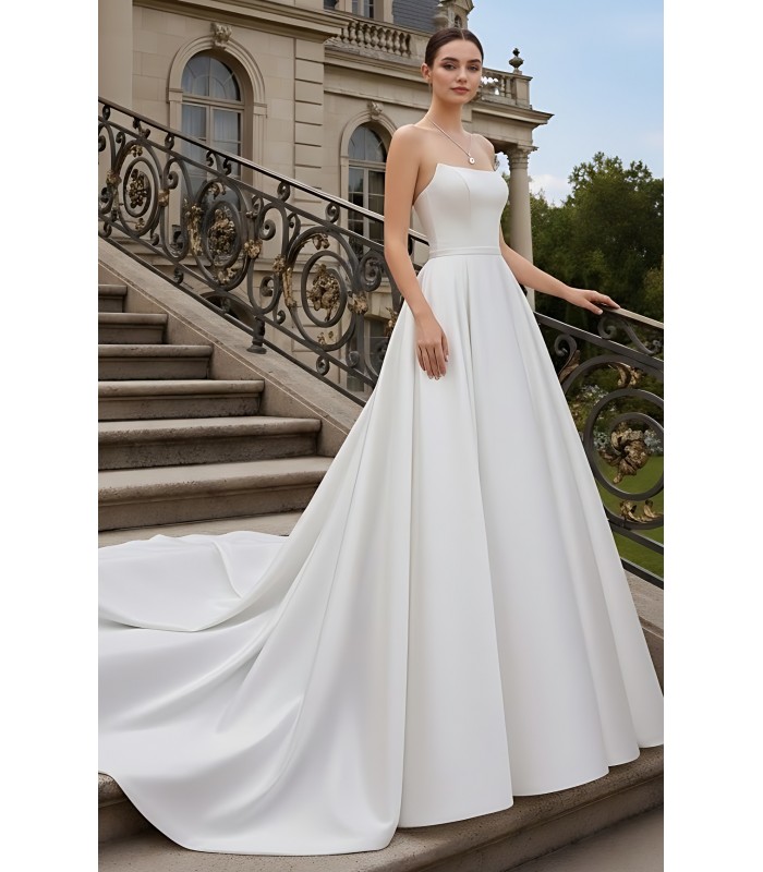 Wedding Dress- Satin Strapless Cat-Eye Neckline Ball Gown - BLM-B1003