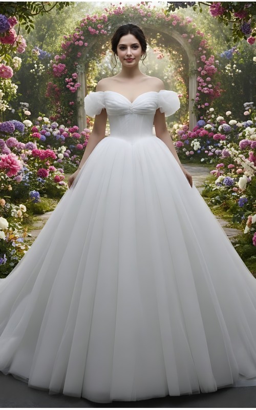 Glittery Tulle Ball Gown with Off-Shoulder Short Sleeves and Corset Back- BLM-BA0779