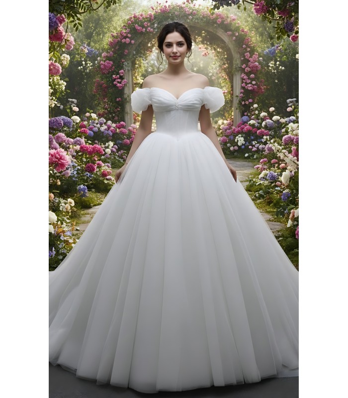 Glittery Tulle Ball Gown with Off-Shoulder Short Sleeves and Corset Back- BLM-BA0779