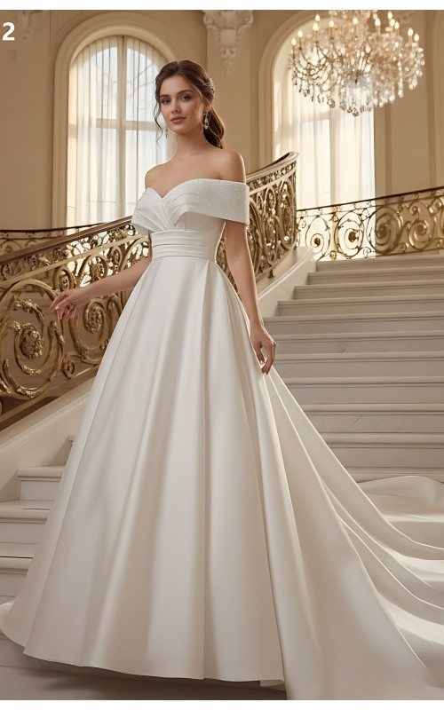 Satin Ball Gown -Beaded and Ruched Off-the-Shoulder and Bodice  with Chapel Train and Button-Back Detail - BLM-BSS132