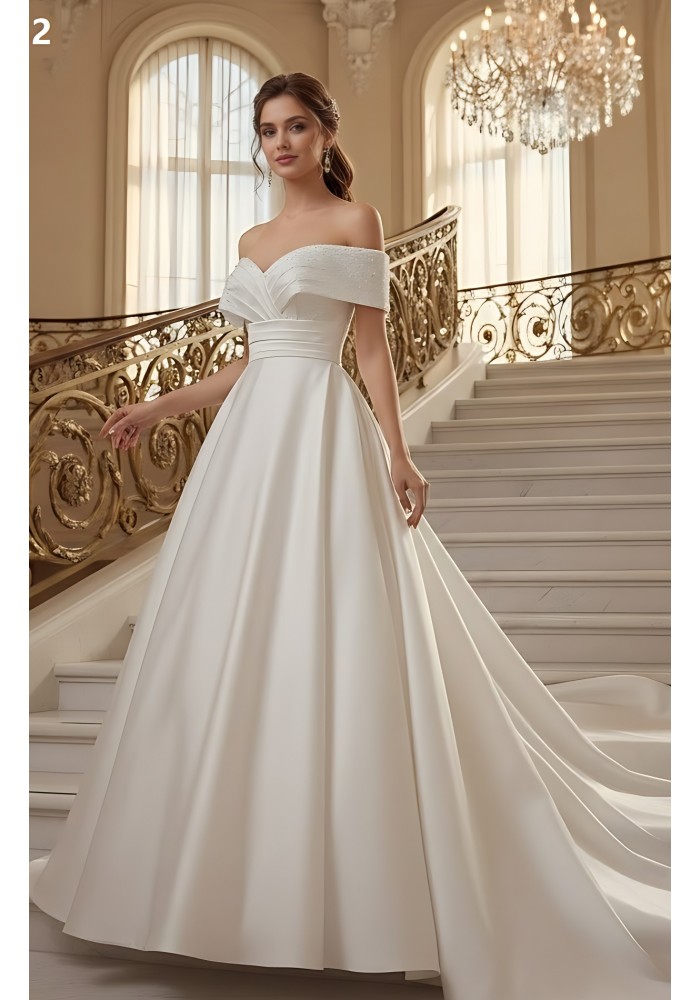 Satin Ball Gown -Beaded and Ruched Off-the-Shoulder and Bodice  with Chapel Train and Button-Back Detail - BLM-BSS132