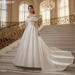 Satin Ball Gown -Beaded and Ruched Off-the-Shoulder and Bodice  with Chapel Train and Button-Back Detail - BLM-BSS132