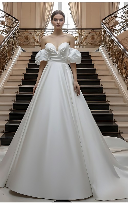 Satin Ball Gown - Ruched Bodice with Detachable Balloon Short Sleeves - BLM-BSS133