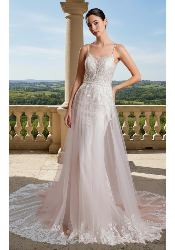 Wedding Dress - Spaghetti Straps Floral Lace Appliques Tulle Fitted and Flare with Tulle Overskirt -BLM-F2010OS