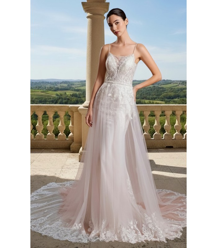 Wedding Dress - Spaghetti Straps Floral Lace Appliques Tulle Fitted and Flare with Tulle Overskirt -BLM-F2010OS