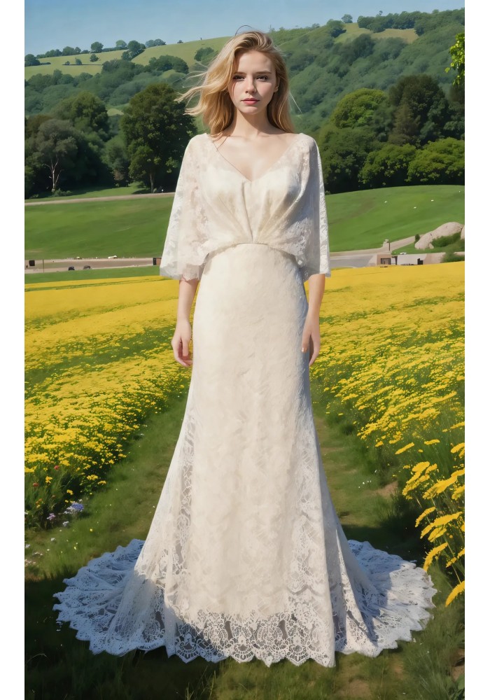 Wedding Dress - BohoEmbroidery Lace Fitted and Flare with Attached Cape - BLM-F4001