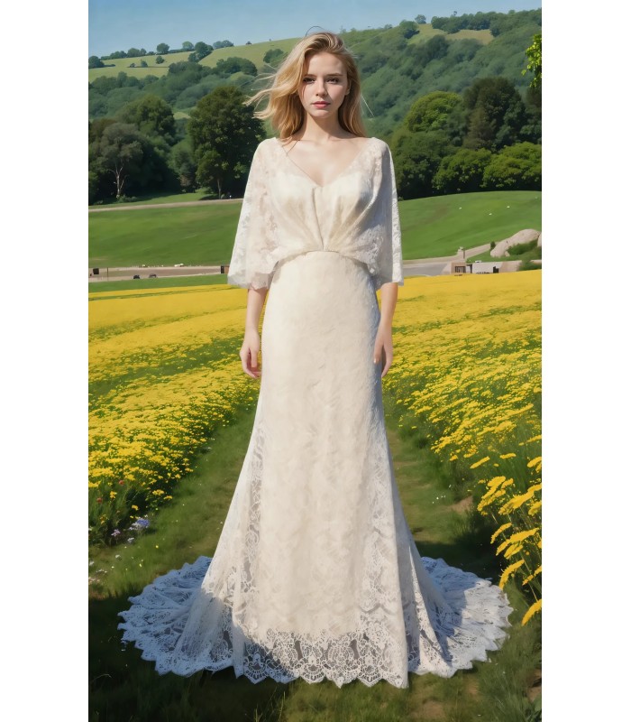 Wedding Dress - BohoEmbroidery Lace Fitted and Flare with Attached Cape - BLM-F4001