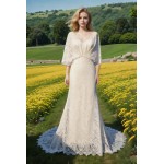 Wedding Dress - BohoEmbroidery Lace Fitted and Flare with Attached Cape - BLM-F4001