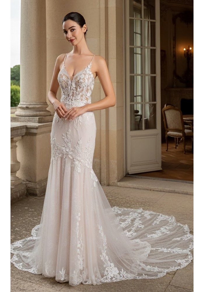 Wedding Dress - Spaghetti Straps Floral Appliques Tulle Mermaid - BLM-M2003