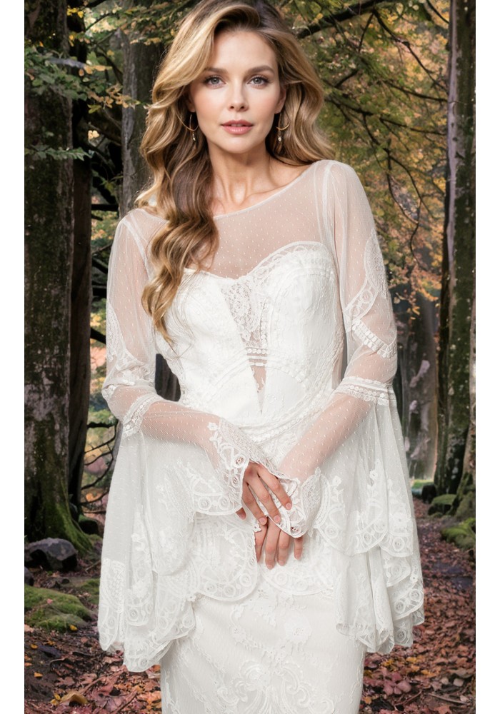 Fitted & Flare Boho Lacy Tulle with Dropped Bell Sleeves Wedding Dress- BLS-F6010