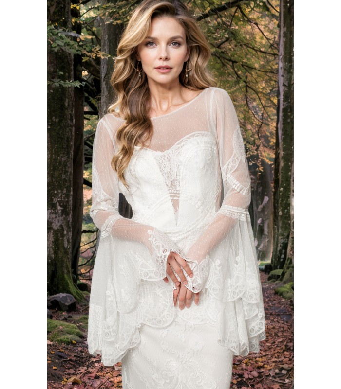 Fitted & Flare Boho Lacy Tulle with Dropped Bell Sleeves Wedding Dress- BLS-F6010